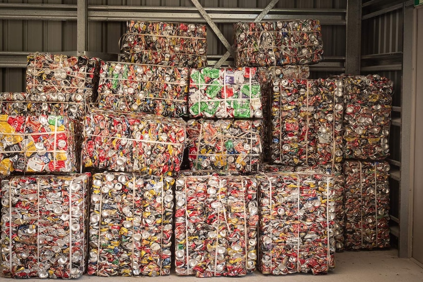 Bales of aluminium cans at West Island transfer station