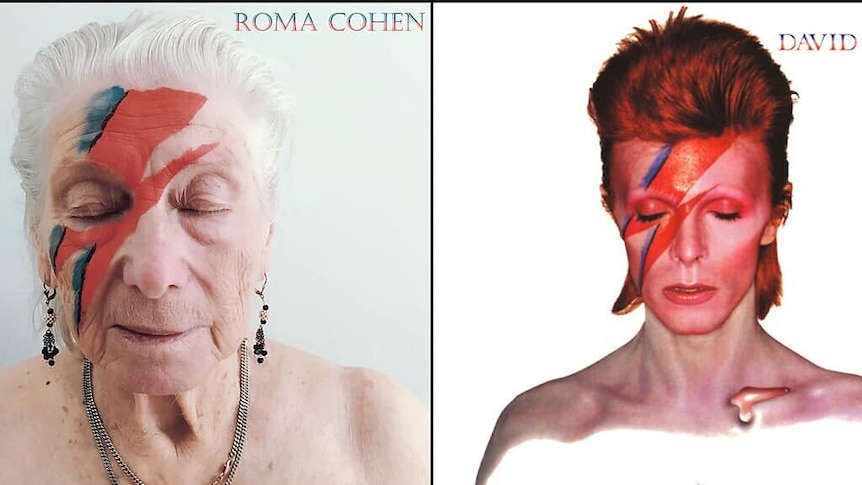 Side by side album covers of aged care resident Roma Cohen and David Bowie's Aladdin Sane album with lightening bolt makeup.