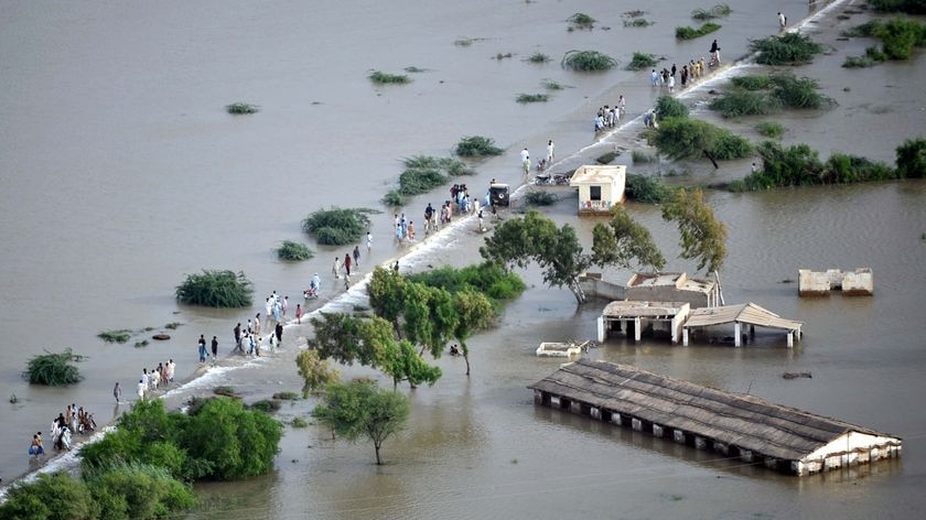 Pakistanis affected by the floods walk through floodwaters in Thatta
