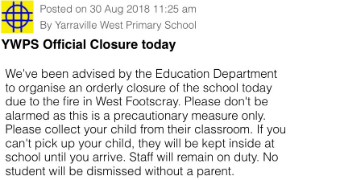 A message from Yarraville West Primary School to parents states there will be an orderly closure of the school.