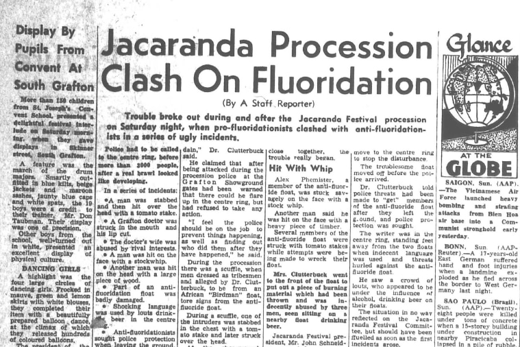 A newspaper article from 1964, outlining reports of a clash between pro-fluoride and ant-fluoride protesters in Grafton.