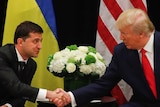 Ukraine's President Volodymyr Zelenskiy listens to U.S. President Donald Trump speak during a bilateral meeting