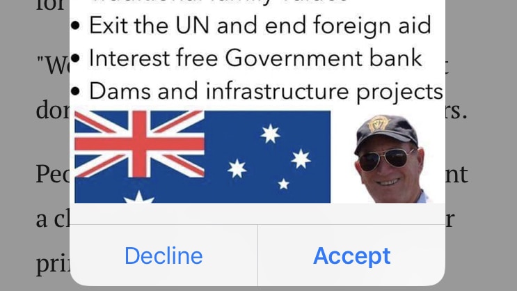 A screenshot showing a picture of Fraser Anning and the Australian flag, and details of his policies.