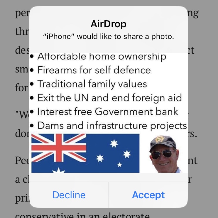 A screenshot showing a picture of Fraser Anning and the Australian flag, and details of his policies.