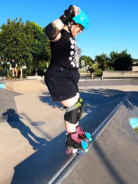 Melanie Stalder on her rollerskates at the park