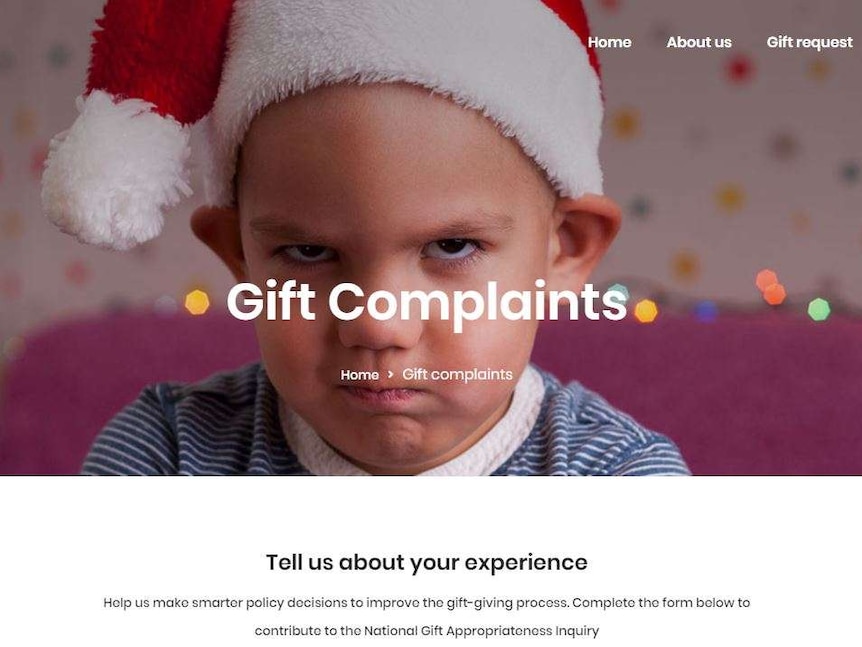 A website showing a boy in a Santa hat looking angry, with the title: gift complaints.