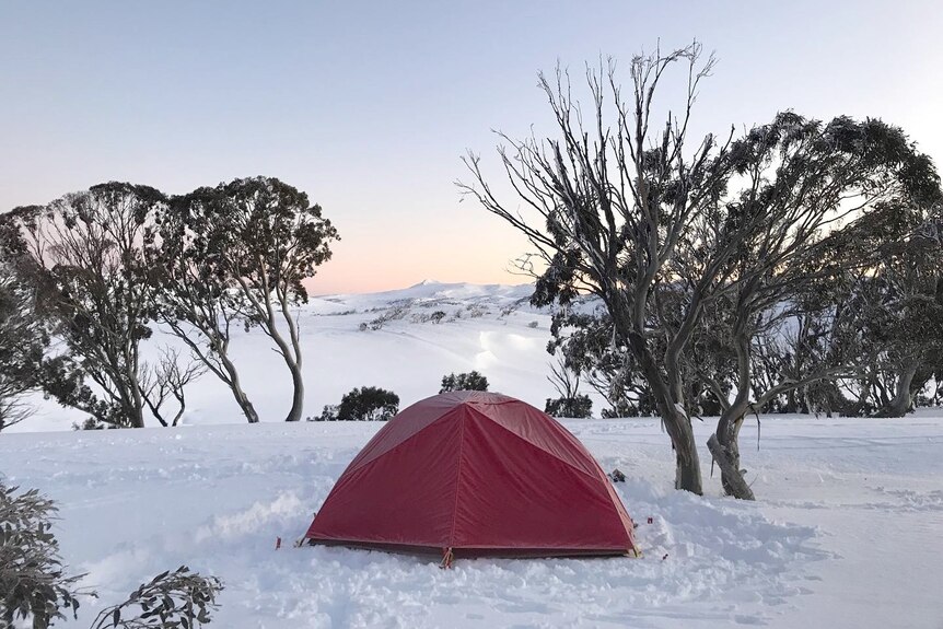 A red tent pitched in the snow.
