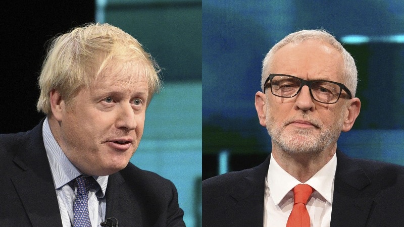 A composite image of close headshots of Jeremy Corbyn and Boris Johnson in front of a green screen.