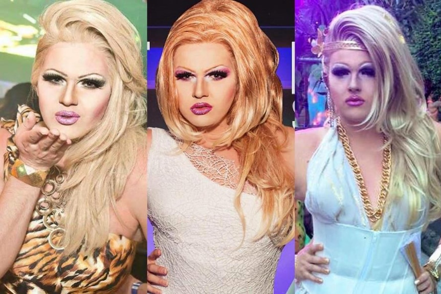 A triptych of a drag queen in costume