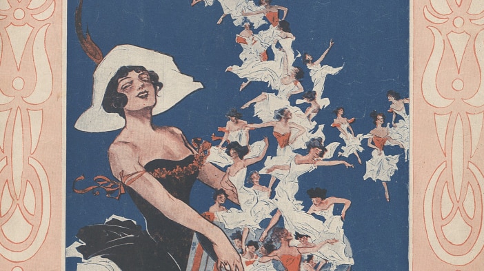A printed illustration of a woman holding a hat box out of which fly miniature dancers. Heading: Row Row Row