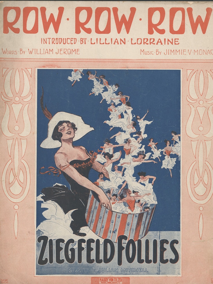 A printed illustration of a woman holding a hat box out of which fly miniature dancers. Heading: Row Row Row