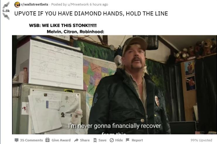 A post on Wall Street Bets showing a meme of Joe Exotic.