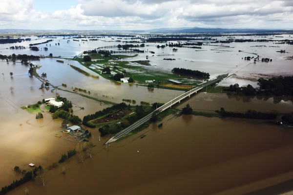 Aerial shot of submerged roads and flood devastated Hunter Valley region from last year's April storm.