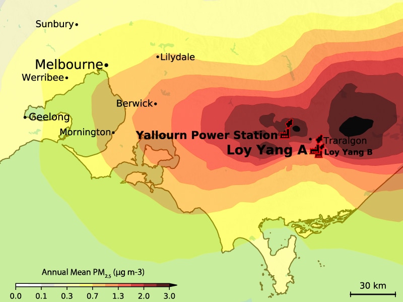 A graph showing pollution from coal-fired power stations in the Latrobe Valley travels as far as Melbourne