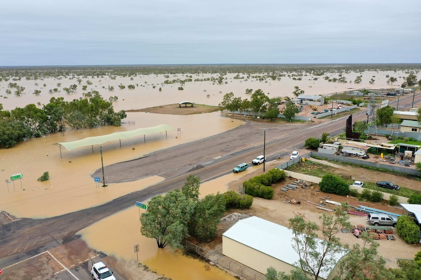 Floodwater surrounds Winton on February 7, 2019.