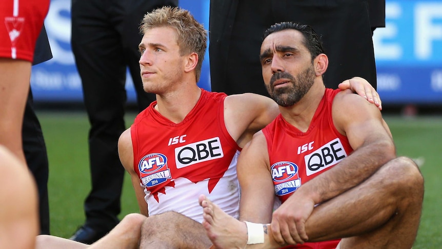 Sydney's Adam Goodes (R) and Kieran Jack reflect on a grand final loss to Hawthorn.