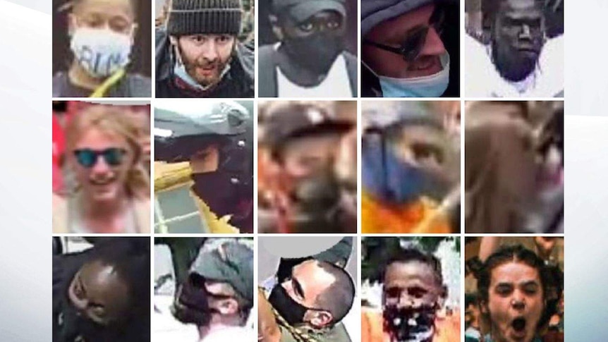 CCTV images of different young people, mostly with masks, full of energy and raising their arms.