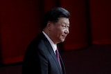 Chinese President Xi Jinping stands in a darkened room, as if he was about to make a speech
