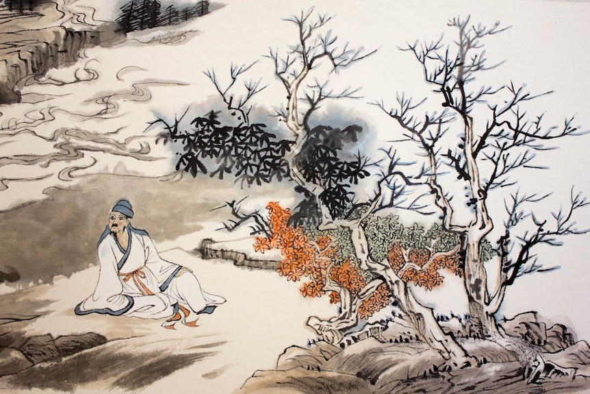 A man sits under a tree, in Wong May-po's painting
