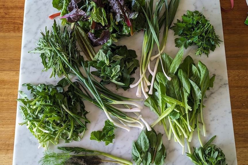 An array of spring greens laid out on a chopping board, including rocket, dandelion, tarragon and more.