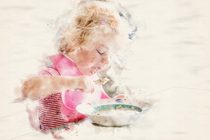 Watercolour graphic of a child eating food with a spoon and bowl, 