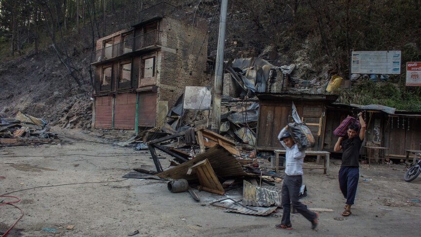 Homes destoryed by fire after Nepal earthquake