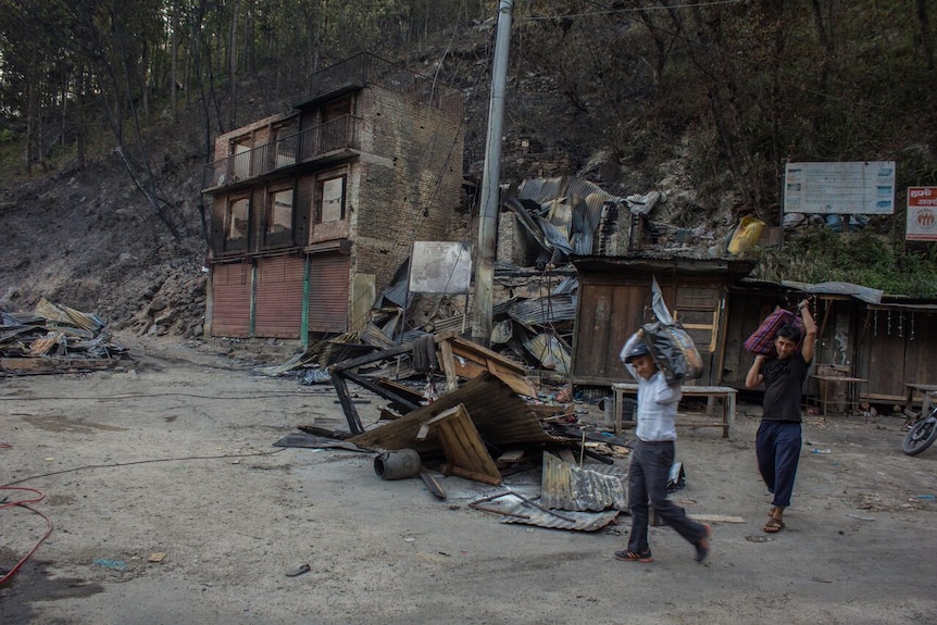 Homes destoryed by fire after Nepal earthquake