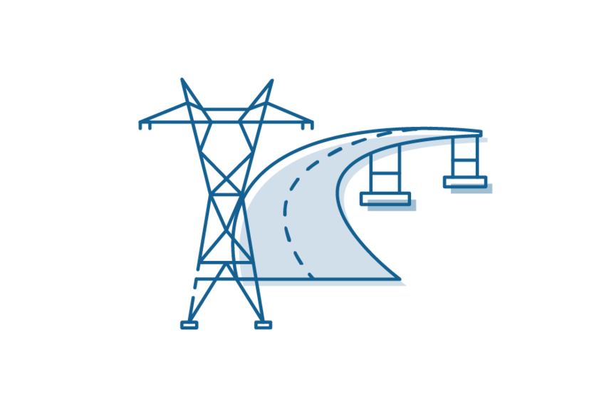Icon drawing of power lines and bridge.