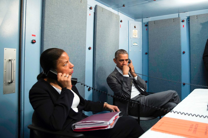 President Barack Obama and National Security Advisor Susan E. Rice talk on the phone