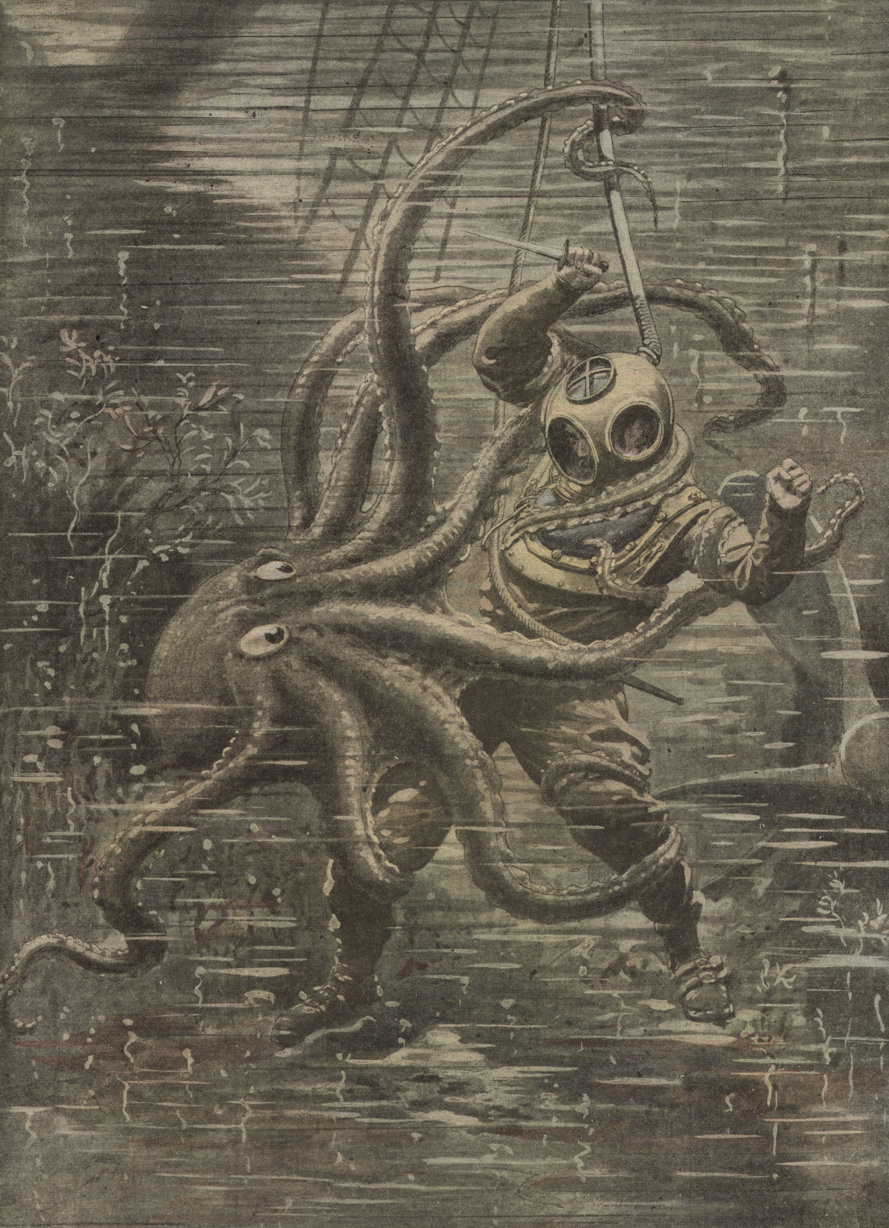 A black and white drawing of a large octopus with cartoonish eyes fighting with a historical deep sea diver holding a knife.