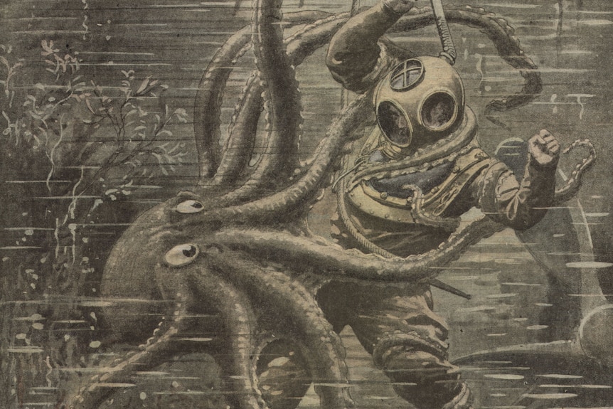 A black and white drawing of a large octopus with cartoonish eyes fighting with a historical deep sea diver holding a knife.