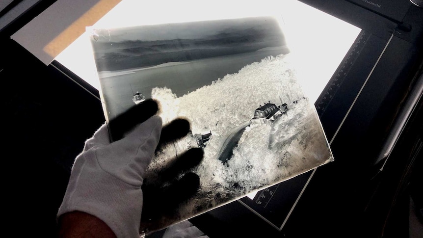 Photograph of a white gloved hand holding a glass negative over a light scanner