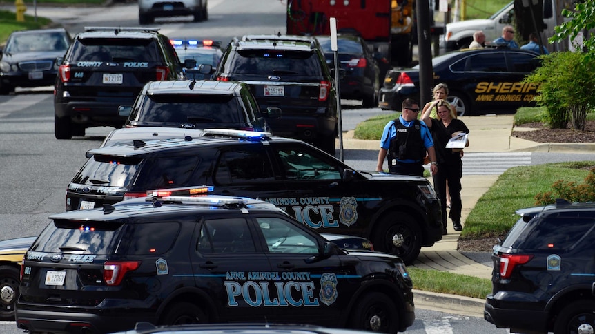 Police vehicles line a road.