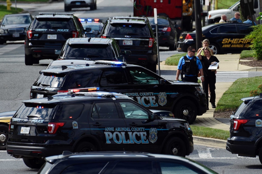 Police vehicles line a road.