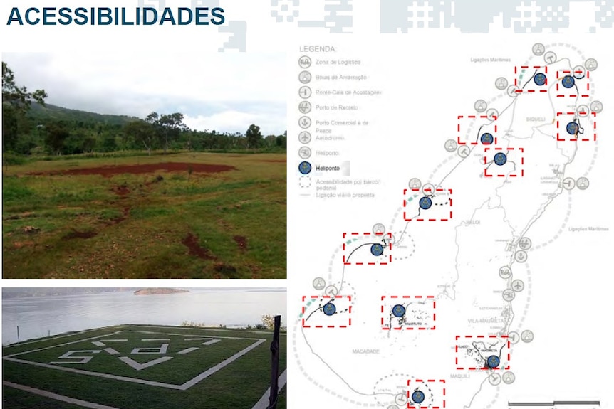 A screenshot of a document showing plans for 11 helipads on Atauro.