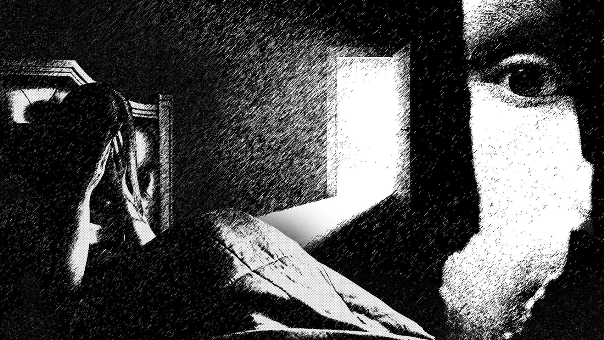 A woman sits with her head in her hands, lit by an open door in the background.