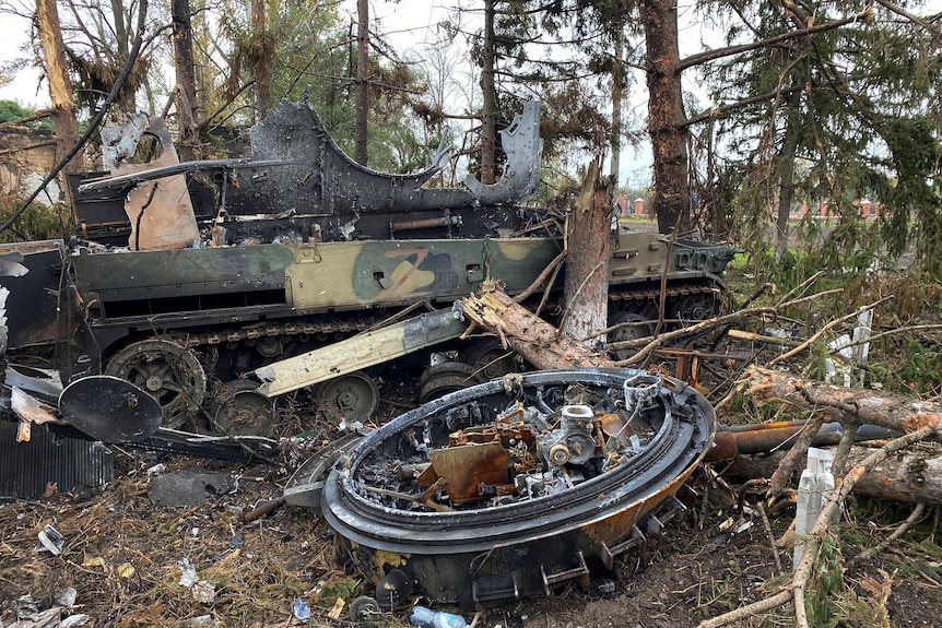 Destroyed military tank in forested area.