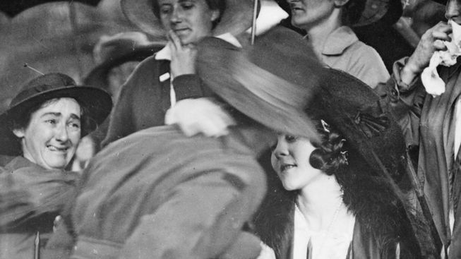 Reunion: A wounded AIF soldier receives an affectionate welcome home at the Anzac Buffet in The Domain in Sydney in 1918.