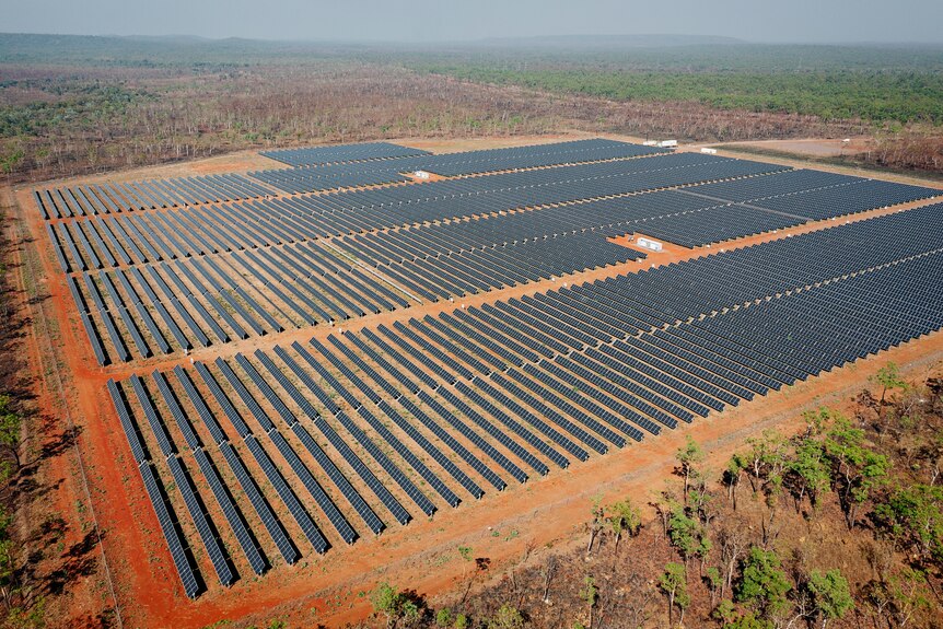 A large solar farm in the desert.