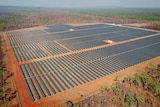 A large solar farm in the desert.