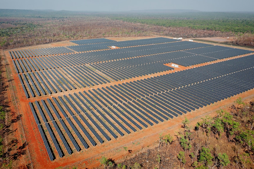 A large solar farm in the desert.