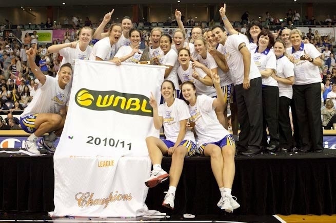 The Bulleen Boomers celebrating the 2010/2011 WNBL Championship.