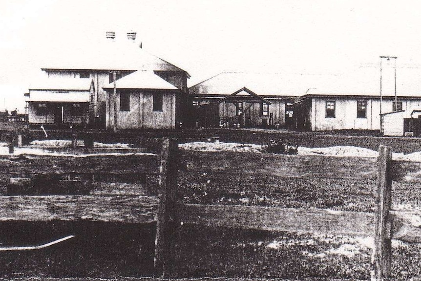 A black and white photograph of the old Milo factory at Smithtown, in the Lower Macleay.