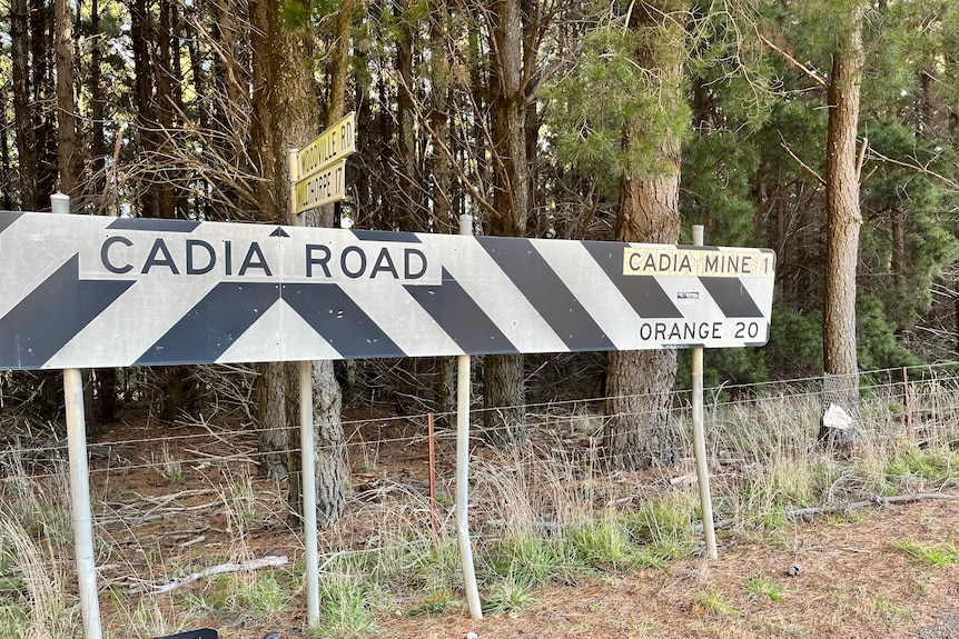 Road sign with sign pointing to mine