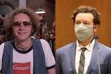An image from That '70s Show of a man with curly hair and glasses smiling, next to a photo of a man in a courtroom in a suit