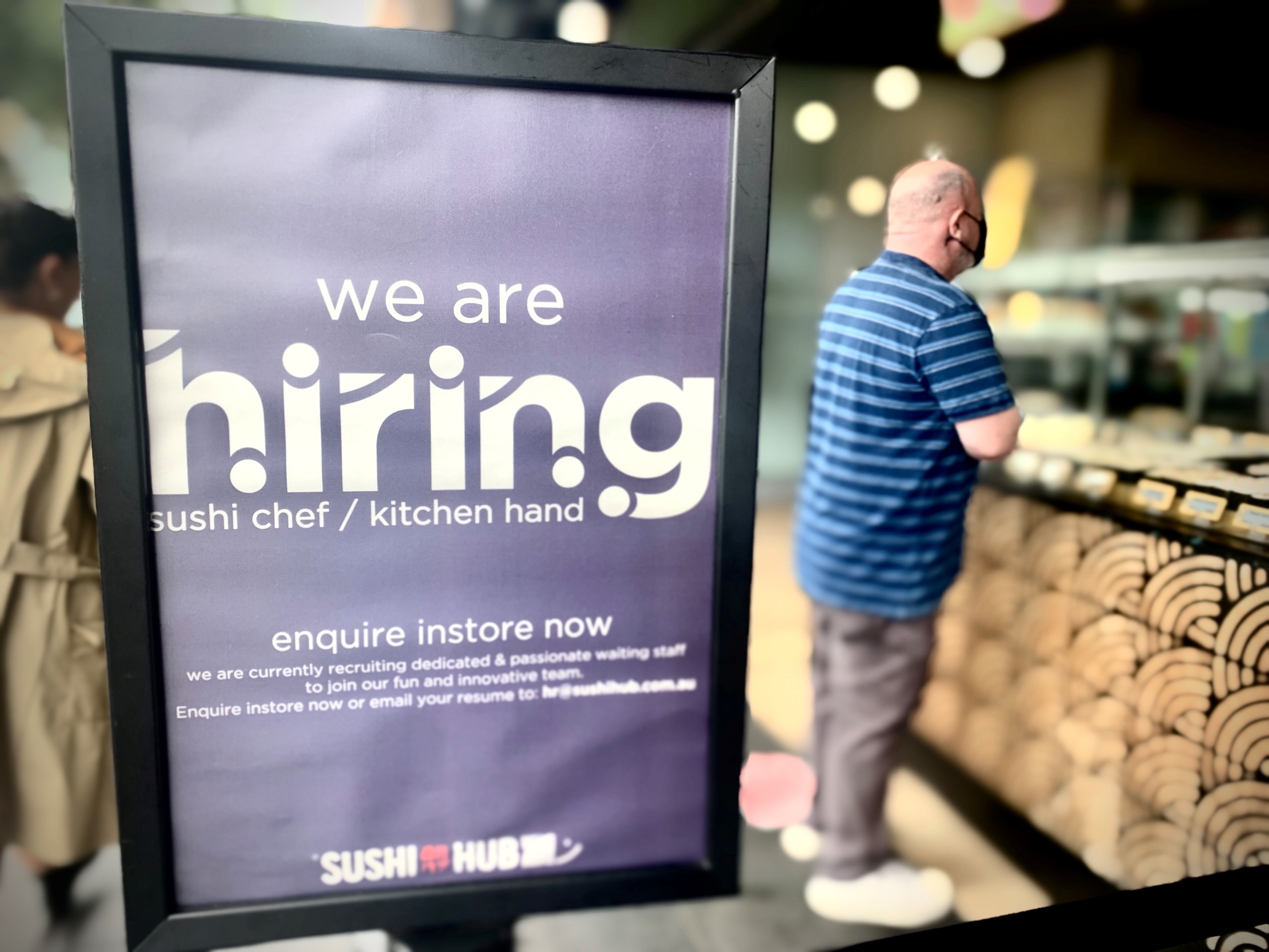 A Sushi Hub store in central Sydney advertises for staff.