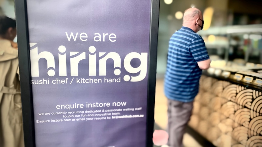 A Sushi Hub store in central Sydney advertises for staff.