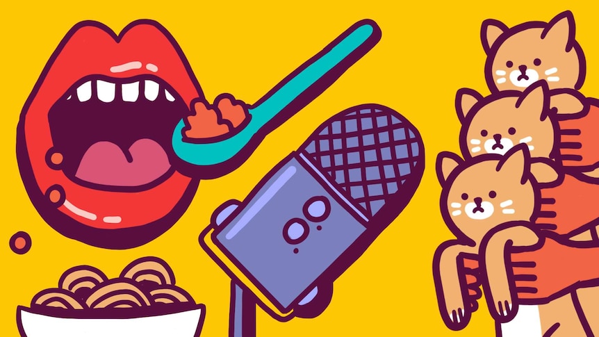 Illustration of a mouth eating, microphone and multiple cats