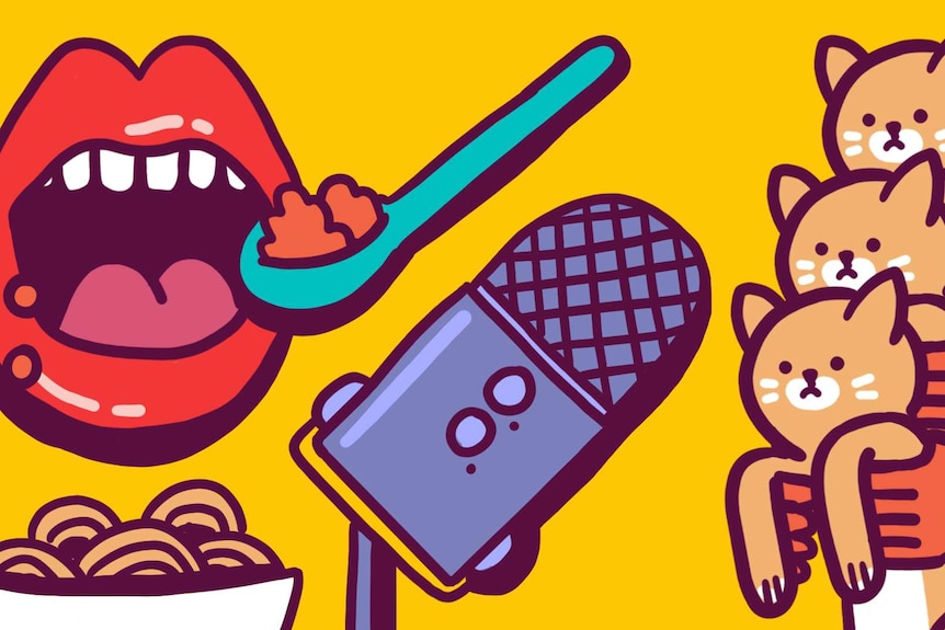 Illustration of a mouth eating, microphone and multiple cats