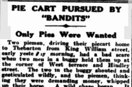 A newspaper article from 1930 with the headline Pie cart pursued by "bandits"